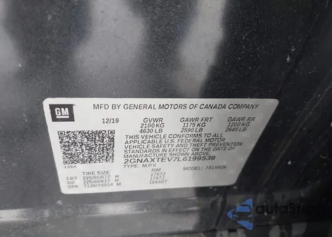 2020 Chevrolet Equinox Awd 2Fl z USA, uszkodzony, nr VIN 2GNAXTEV7L6199539